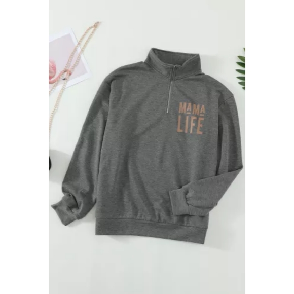 💛Gray Casual Mama Life Quarter Zip Sweatshirt - Picture 2 of 4
